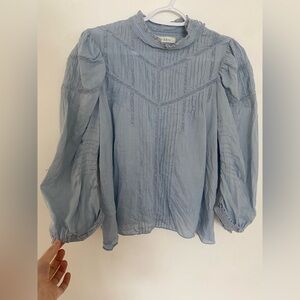 Doen Powder Blue Pintuck Lace High-Neck Blouse